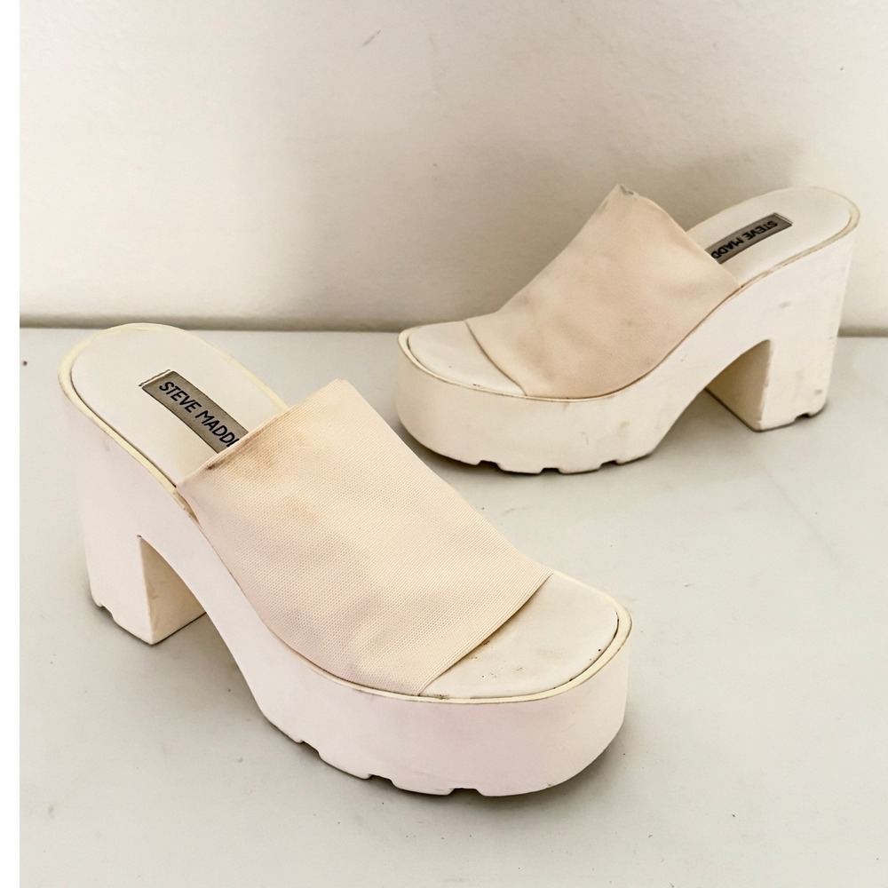 Steve Madden Platform Mules Sz 7.5 White Chunky Block Heel Square Toe Y2K 90s